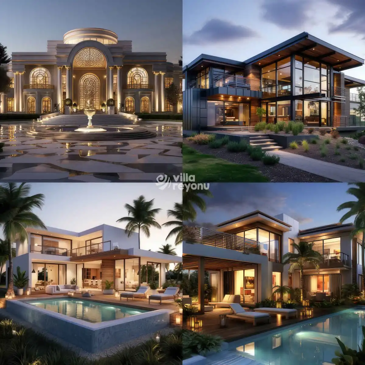farklı konseptte tasarlanmış bazı villaların kolajı